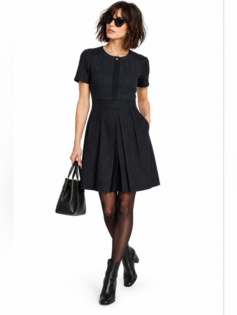 Athé Vanessa Bruno Black Textured Pleated Dress FR 34 US 2